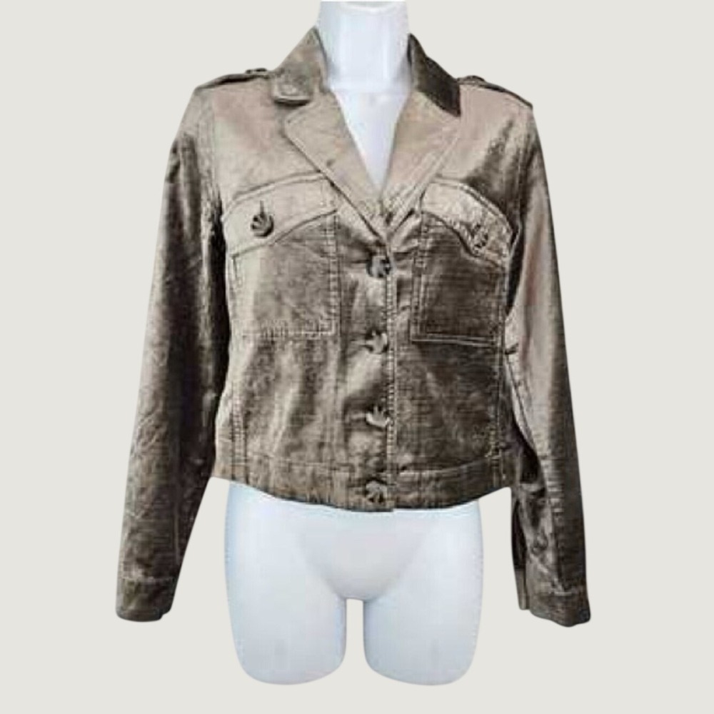 Cabi XS‎ Sunday Topper Velvet Military Inspired Cropped Jacket Gray Metallic